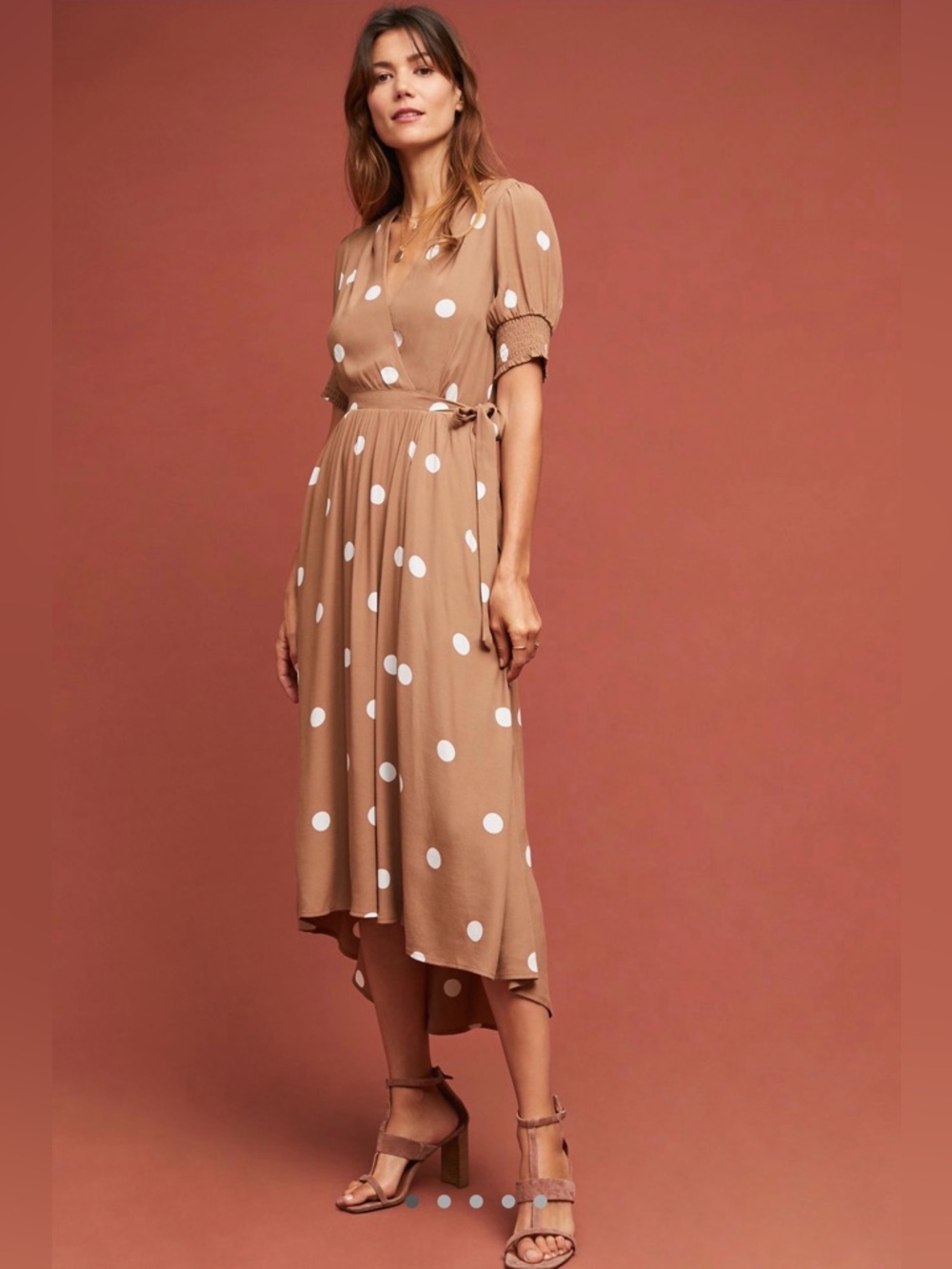 Anthropologie Tan Polka Dot Midi Dress